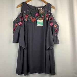Umgee Floral Embroidered Angel Sleeve Mini Dress - Gray Size Small